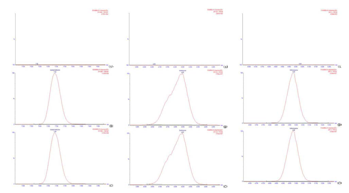 소고기에서 음성대조시료(A), 표준용액 (B), 실험샘플(C)에서 설파디메톡신, 설파디아진, 설파메라진의 크로마토그램.