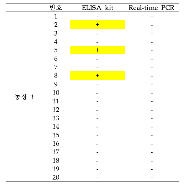 농장 1에서 채취한 돼지 혈액의 T. gondii 검출 테스트 결과