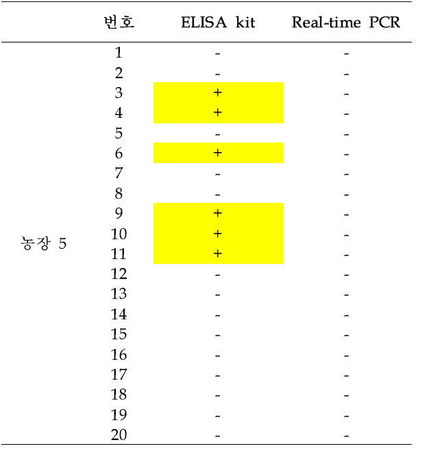 농장 5에서 채취한 돼지 혈액의 T. gondii 검출 테스트 결과