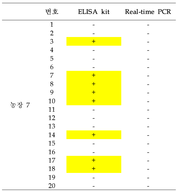 농장 7에서 채취한 돼지 혈액의 T. gondii 검출 테스트 결과