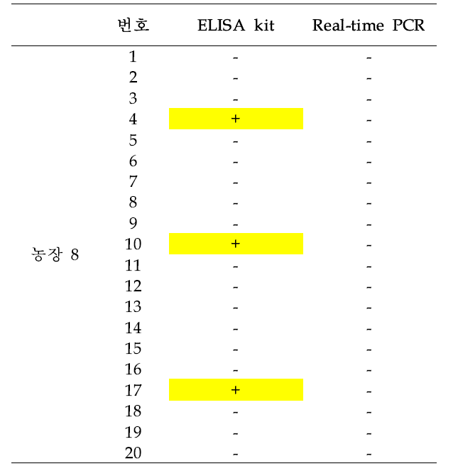농장 8에서 채취한 돼지 혈액의 T. gondii 검출 테스트 결과