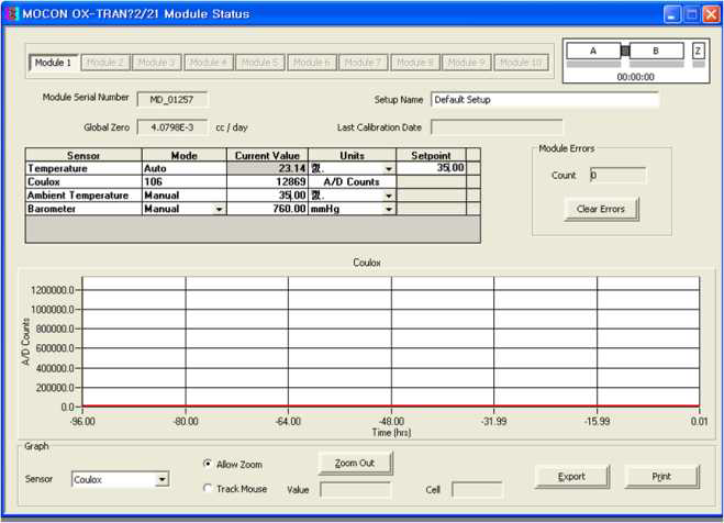 쿨로메트릭 측정장비의 측정세팅 화면 1
