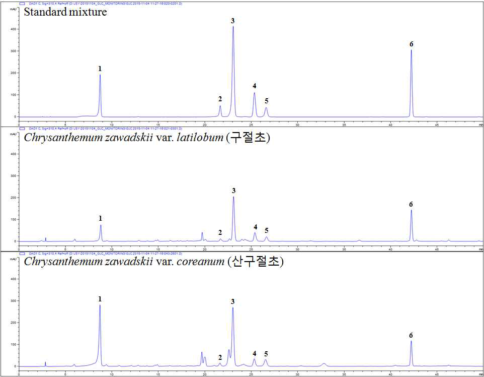 HPLC chromatogram – Standard Mixture, 구절초, 산구절초 Chlorogenic acid (1) 3,4-Di-O-caffeoylquinic acid (2) 3,5-Di-O-caffeoylquinic acid (3), Apigenin-7-O-β-D-glucuronide (4), 4,5-Di-O-caffeoylquinic acid (5), Linarin (6)