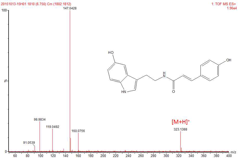 N-(p-coumaroyl)serotonin (4)의 Q-TOF/ESI/MS