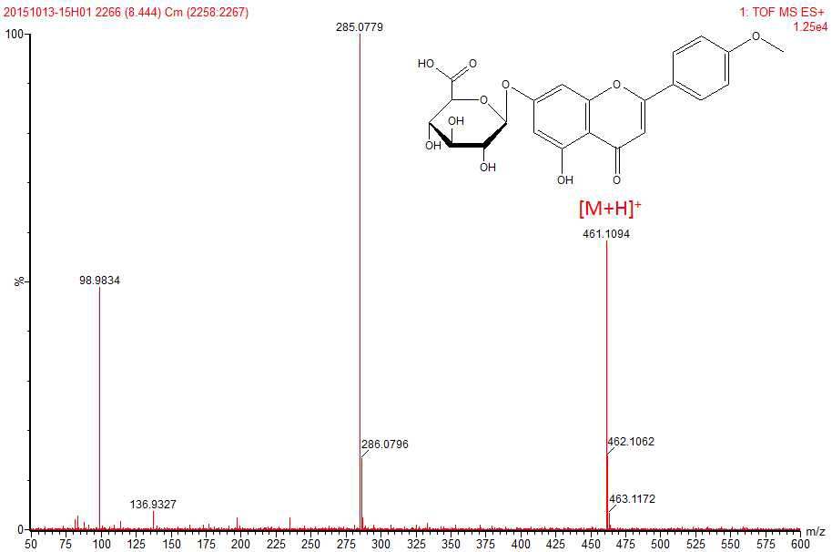 Acacetin-7-O-β-D-glucuronide (6)의 Q-TOF/ESI/MS