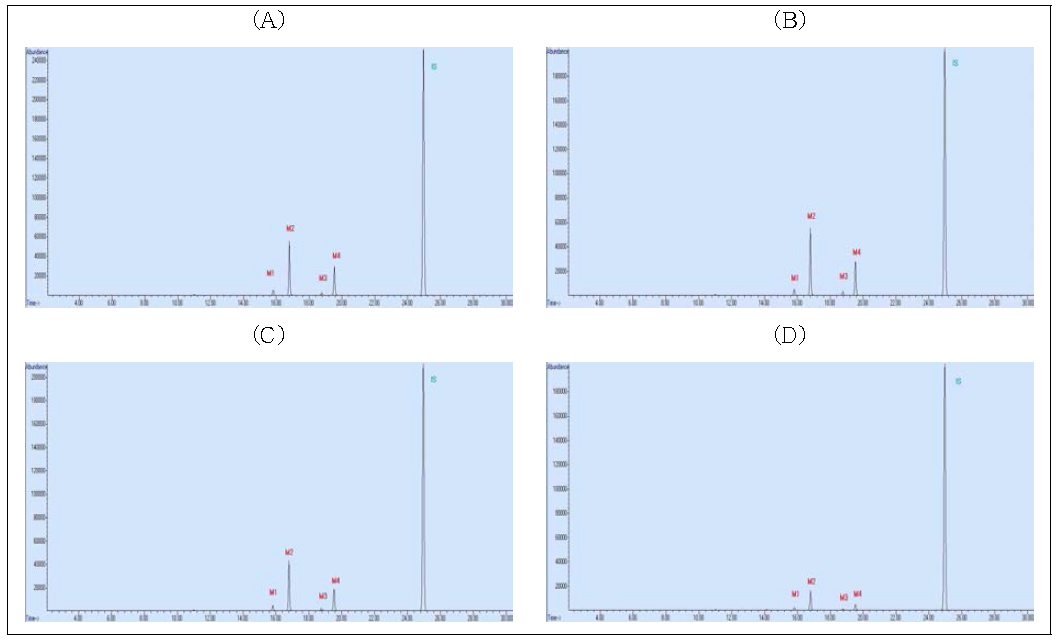 온도/습도 안정성 시험 시료 (1개월 보관 시료)의 GC-MS 크로마토그램 (A: initial시료, B: -20°C for 1 month, C: 4°C, 1 month, D: 25°C & 60% for 1 month).
