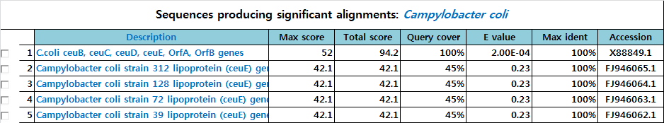 Blast프로그램을 이용한 Campylobacter coli  프라이머 특이성 in silico 분석표