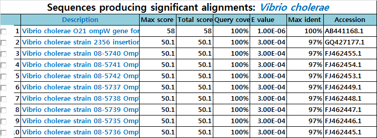 Blast프로그램을 이용한 Vibrio cholerae 프라이머 특이성 in silico 분석표