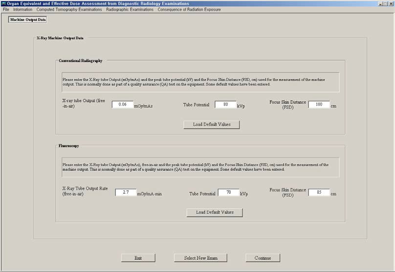 OrgDose 투시영상선량계산을 위한 투시장치 공기중 출력 입력 화면