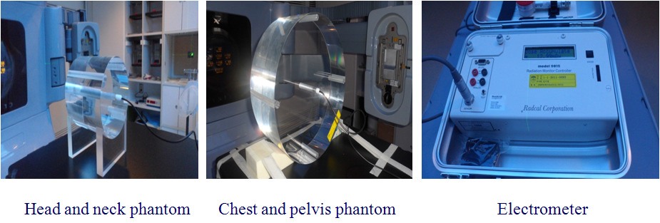 CT dose index measurement phantom for head (18cm diameter) & body (32cm diameter) using a 10-cm ionization chamber and Electrometer