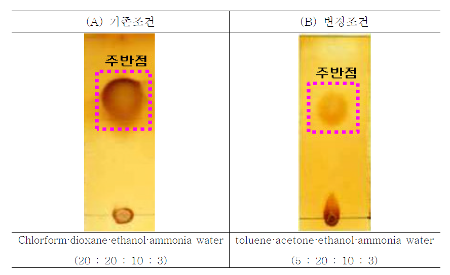 TLC patterns of formoterol fumarate hydrate according to the cchemical decomposition of developing solvent, (A) chlorform· dioxane·ethanol·ammonia water (20:20:10:3), and (B) toluene·acetone·ethanol·ammonia water (5:20:10:3)