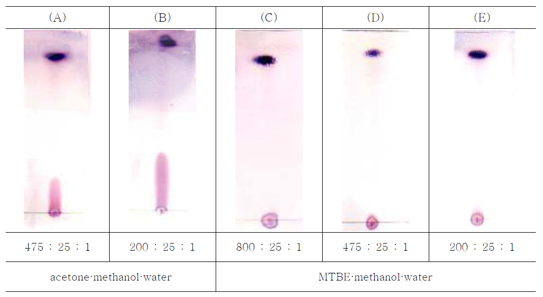 TLC patterns of beclomethasone dipropionate with different the composition of solvent, (A) acetone·methanol·water (475:25:1), (B) acetone·methanol·water (200:25:1), (C) methyl-t-butyl ether·methanol·water (800:25:1), (D) methyl-t-butyl ether·methanol·water (475:25:1), and (E) methyl-t-butyl ether·methanol·water (200:25:1)