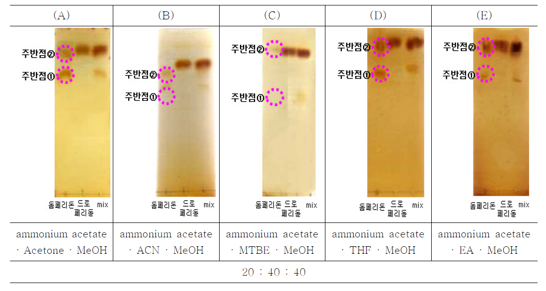 TLC patterns of domperidone maleate with different the composition of solvent, (A) ammonium acetate·acetone·methanol (20:40:40), (B) ammonium acetate·acetonitrile·methanol (20:40:40), (C) ammonium acetate·methyl-t-butyl ether·methanol (20:40:40), (D) ammonium acetate·tetrahydrofuran·methanol (20:40:40), and (D) ammonium acetate·ethyl acetate·methanol (20:40:40)