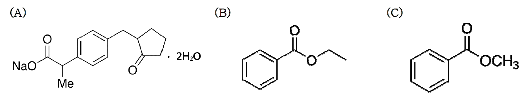 Chemical structures of (A) loxoprofen sodium hydrate, (B) ethyl benzoate (I.S.) and (C) methyl benzoate (new I.S.)