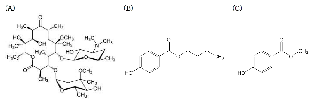 Chemical structures of (A) clarithromycin, (B) butyl 4-hydroxybenzoate (I.S.) and (C) methyl 4-hydroxybenzoate (new I.S.)