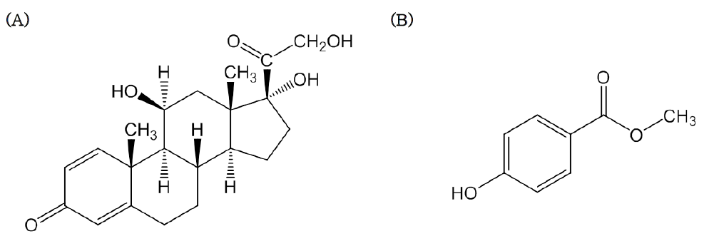 Chemical structures of (A) prednisolone, (B) methyl 4-hydroxybenzoate (I.S.)
