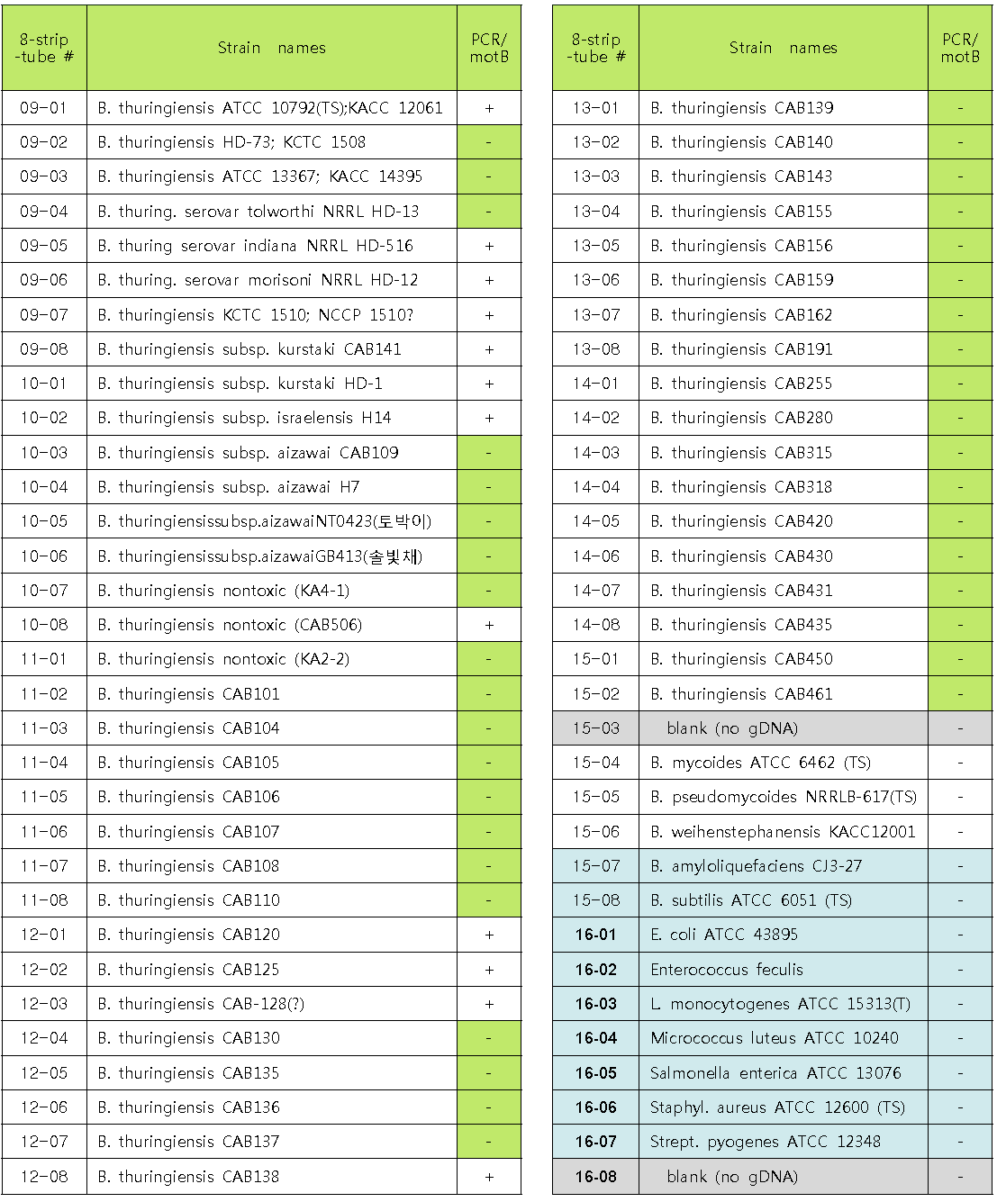 S-layer homology domain protein primer들의 PCR에 사용한 균주 목록 및 결과