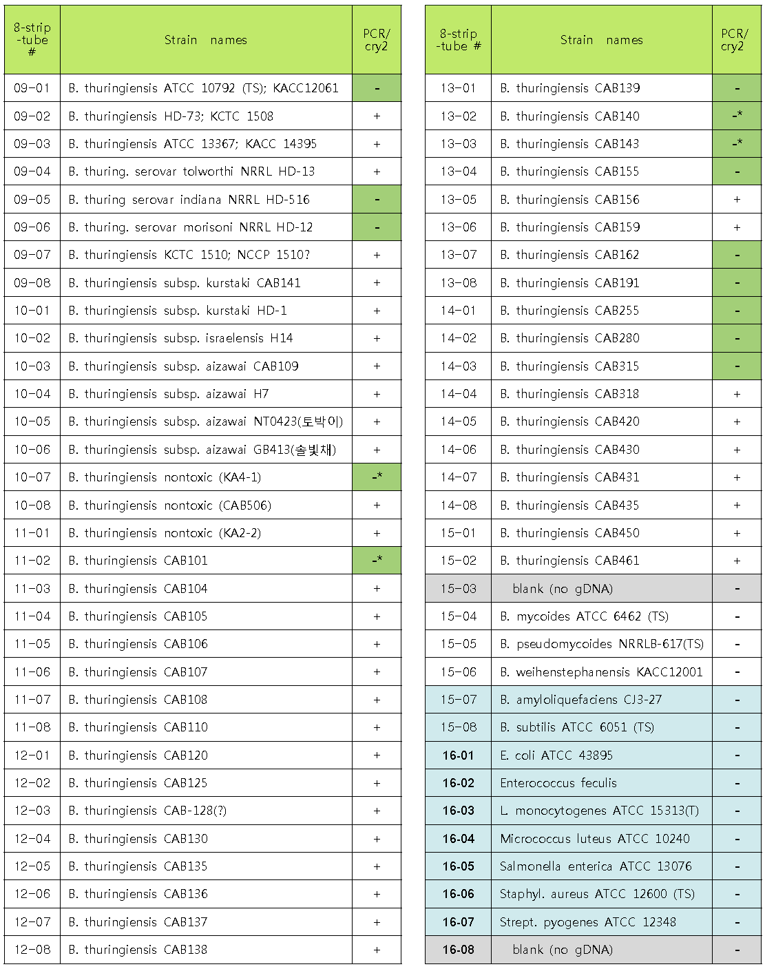 cry2 primer들의 PCR에 사용한 120 균주 목록 및 결과