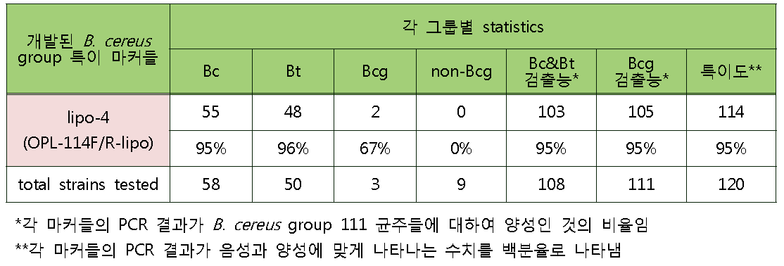 B. cereus group 120 균주에 대한 new lipoprotein primer, lipo-4의 검출 결과