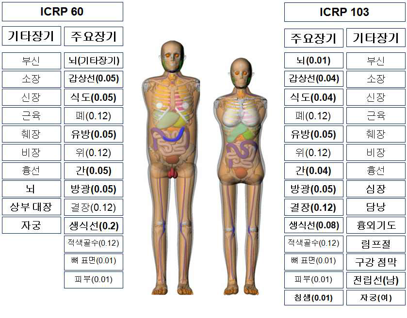 ICRP 60과 103에서 권고하는 장기의 민감도 지표(조직가중치)