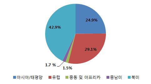 대륙별 약물주입장치 시장 비율, 2013