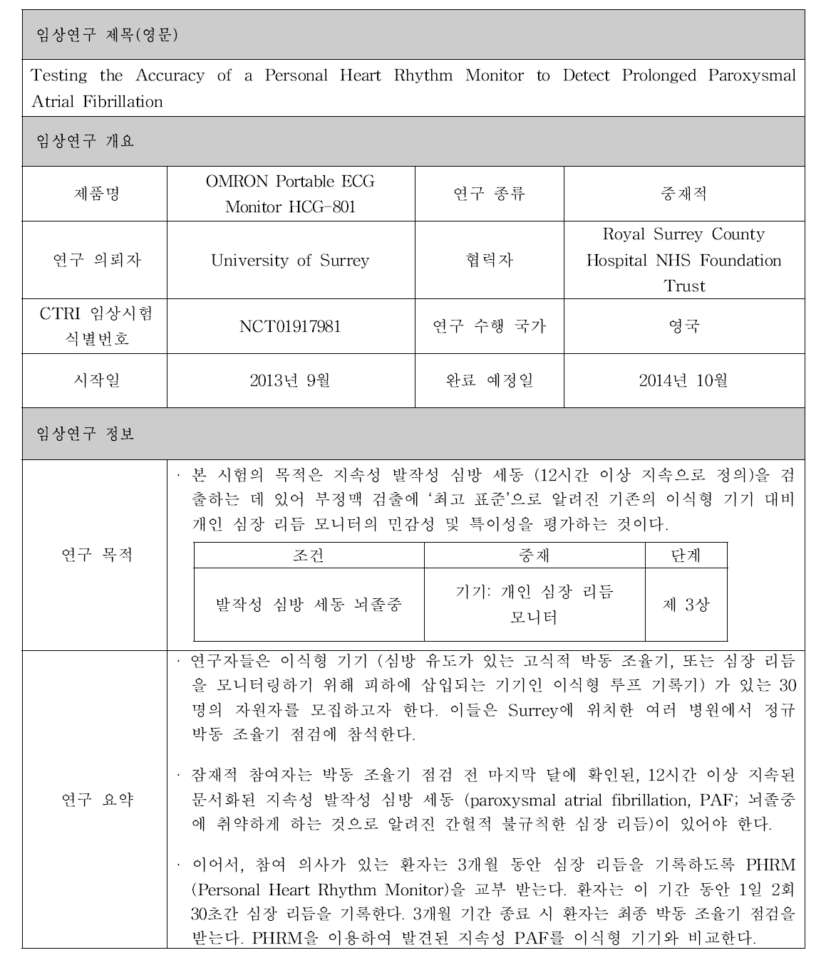 OMRON Portable ECG Monitor HCG-801 제품 임상시험 정보