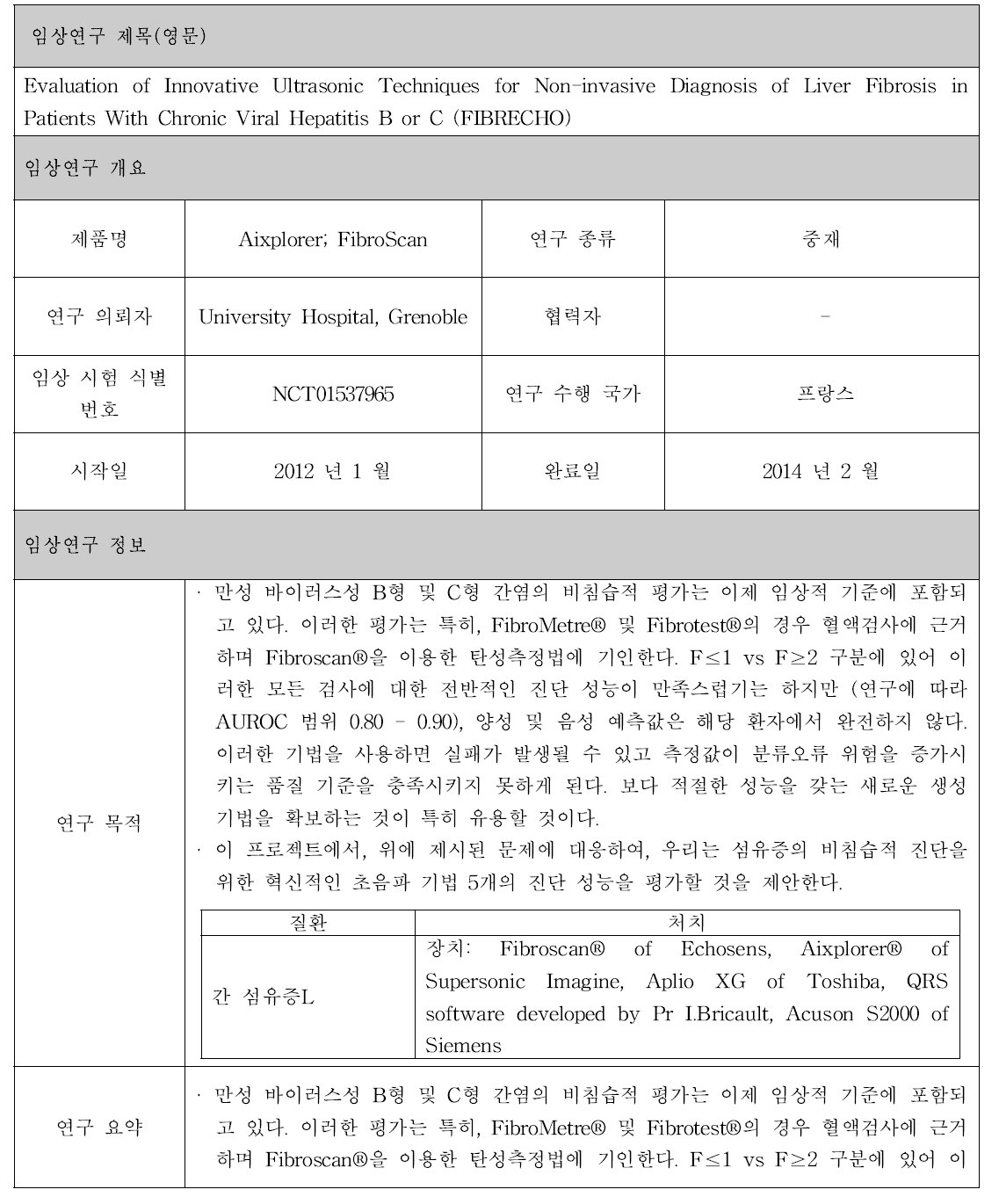 Aixplore 제품 임상시험 정보