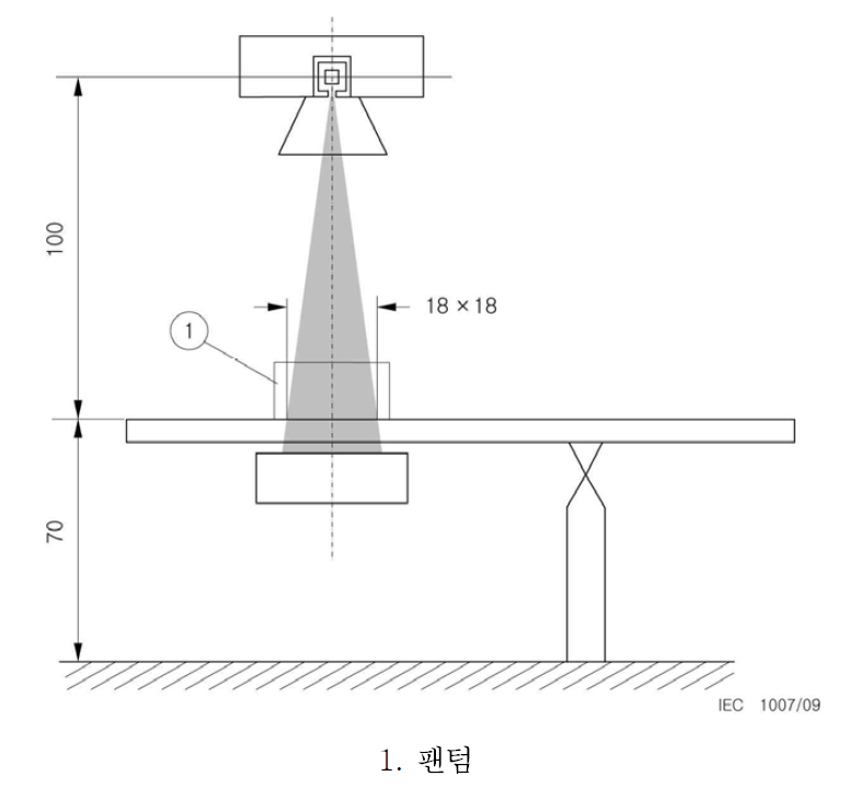 떠돌이방사선에 대한 시험 (환자 지지기 위에 X선원장치와 X선빔이 수직)