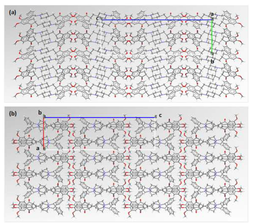 Crystal packing diagrams of donepezil form II (a) a view perpendicular to the bc plane and (b) a view perpendicular to the ac plane