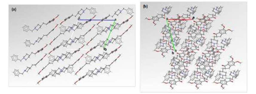 Crystal packing diagrams of donepezil form C (a) a view perpendicular to the bc plane and (b) a view perpendicular to the ab plane