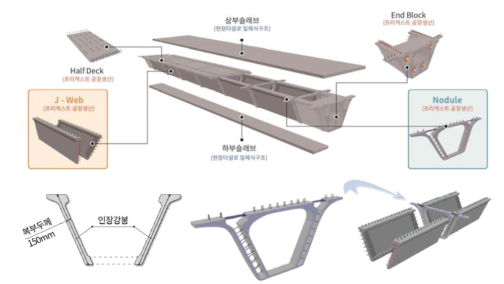 소켓연결 제형거더의 개념도 및 복부부재(J웹)와 연결부재(노듈, Nodule)