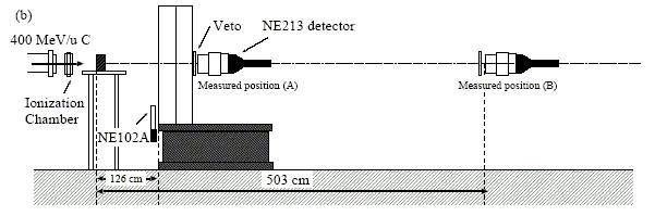 철 차폐체를 사용한 HIMAC 실험의 NE213 검출기사용 실험의 단면도