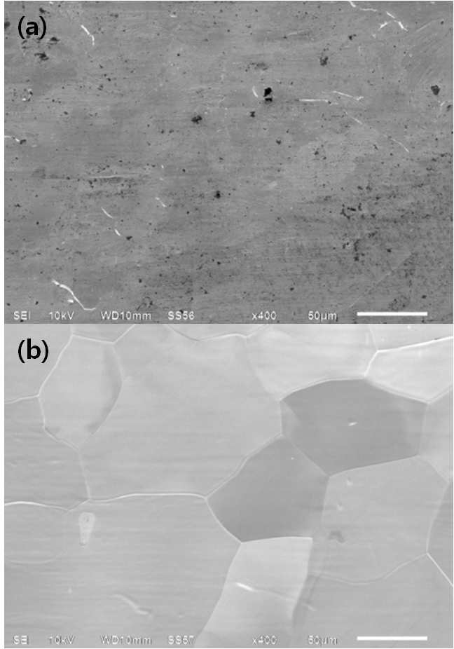 제련된 레늄 필라멘트에 대한 전처리 전후의 표면 이미지 비교. (a) 가열 전처리 전, (b) 가열 전처리 후