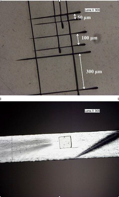 다양한 크기로 절단된 렉산 필름 (위) 및 TIMS 필라멘트로의 장착(아래)