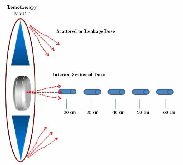 Schematic picture showing measurements of the secondary doses during MVCT with glass dosimeters located 20, 30, 40, 50 and 60 cm from the beam center.