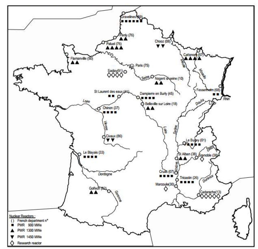 프랑스 내 발전용 원자로와 연구용 원자로의 위치