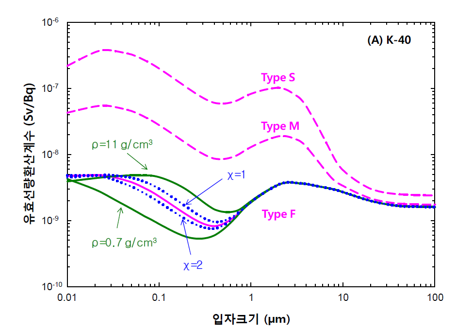 입자 특성에 따른 K-40의 유효선량 환산계수