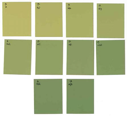 Radiochromic 필름의 calibration을 위한 방사선이 조사된 필름 조각들