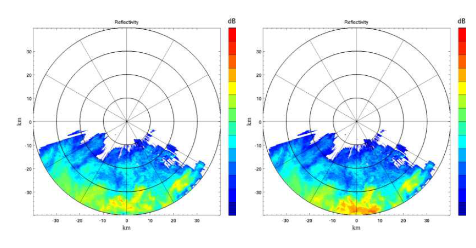 (a) 레이더 측정 반사도와 (b) 감쇠 보정 후의 반사도 필드