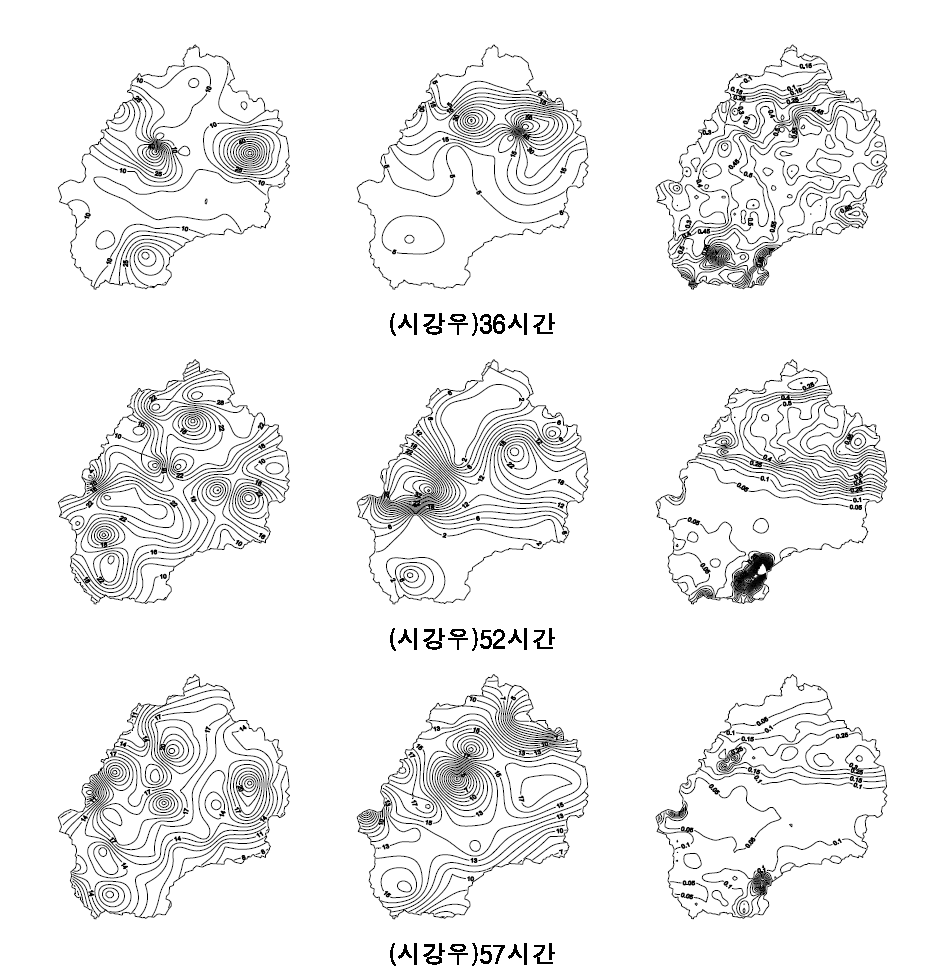 지상강우관측자료와 레이더관측자료의 강우분포비교(좌측부터, 수자원공사 관할 52개 관측소, 기상청 관할 59개 관측소, 관악산 레이더관측소)