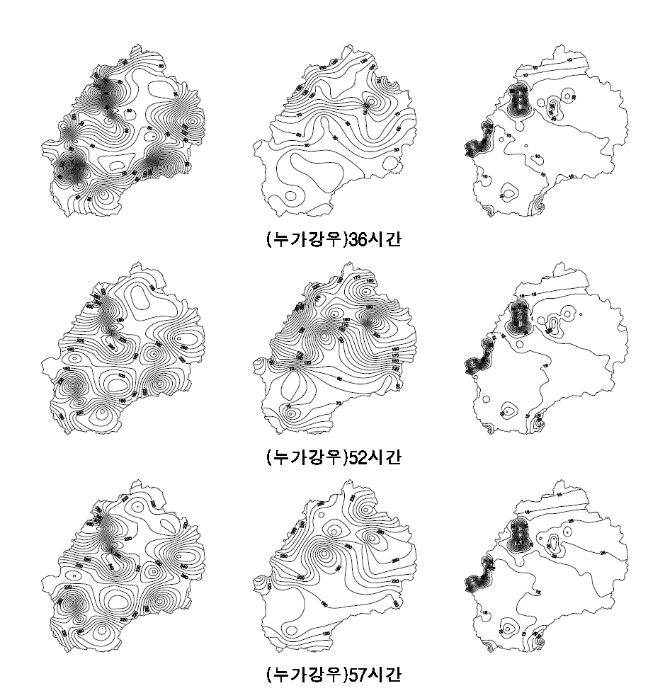 지상강우관측자료와 레이더관측자료의 강우분포비교(좌측부터, 수자원공사 관할 52개 관측소, 기상청 관할 59개 관측소, 관악산 레이더관측소)