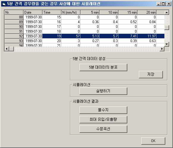 5분 간격 변환 후 시뮬레이션 실행 창