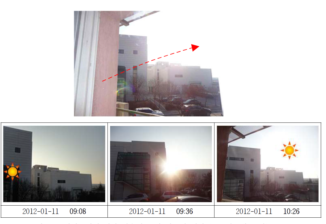 실험주택에 대한 일출시 주변 건물의 영향 (2012년 1월 11일)