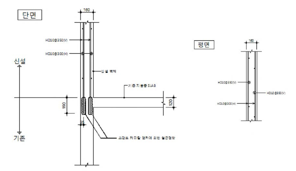 벽체 수평접합부 후시공 철근접합 상세도