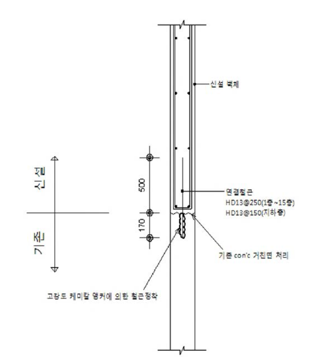 벽체 수직접합부 후시골 철근상세도