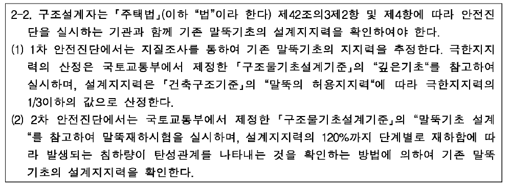 구조기준 기존 말뚝기초의 설계지지력 확인 규정