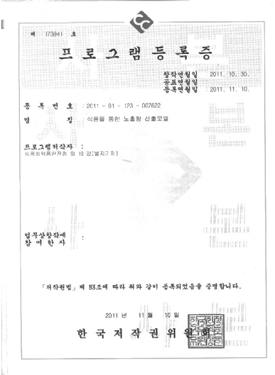 식품 섭취에 따른 노출량 산출모델 프로그램 등록증