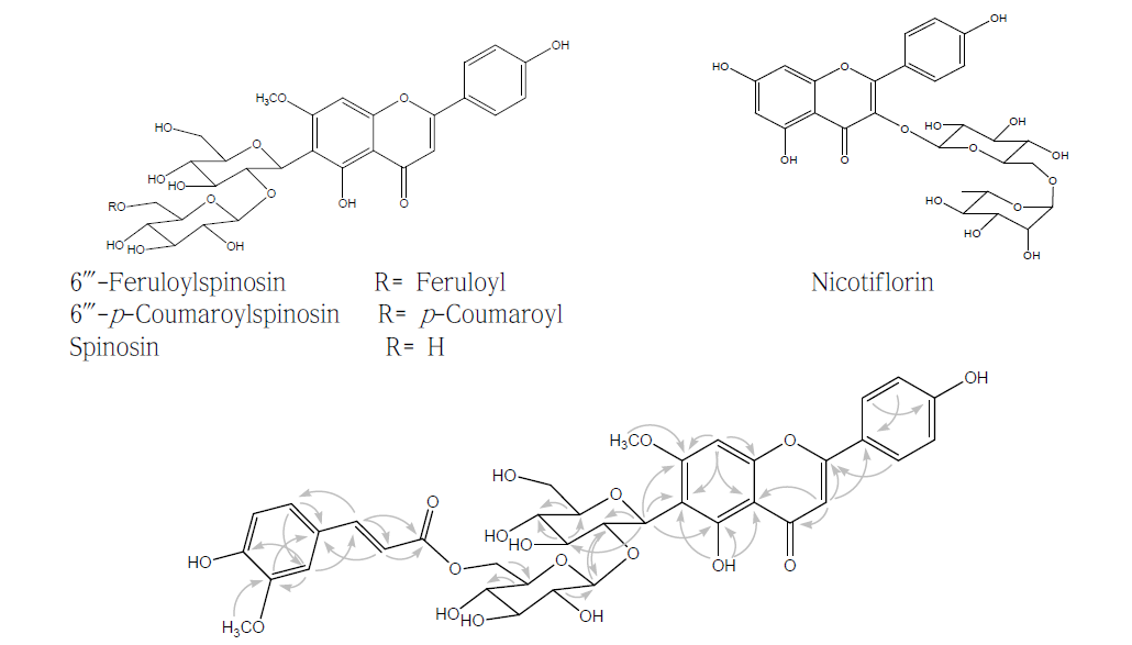 Important HMBC correlations for 6‴-feruloylspinosin