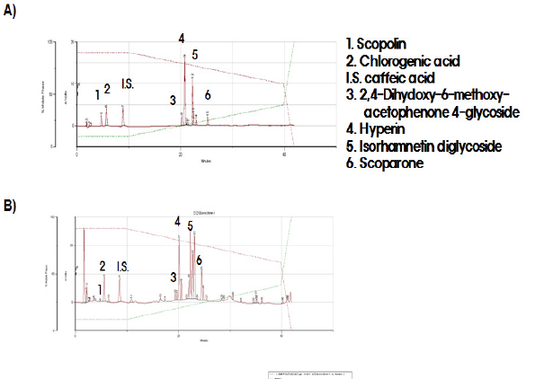 HPLC chromatograms of standard mixture (A), and Artemisiae Capillaris Herba sample (B)