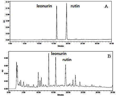 HPLC chromatograms of standard mixture (A), and Leonuri Herba sample 09E1001 (B).